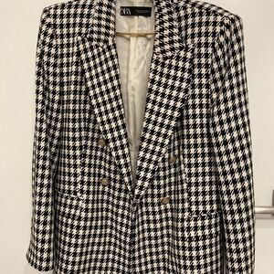 Zara Black & White Houndstooth Double-Breasted Blazer